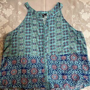 ANGELS Forever Young Womens Size XL Tank Top Blue Floral V-Neck Casual